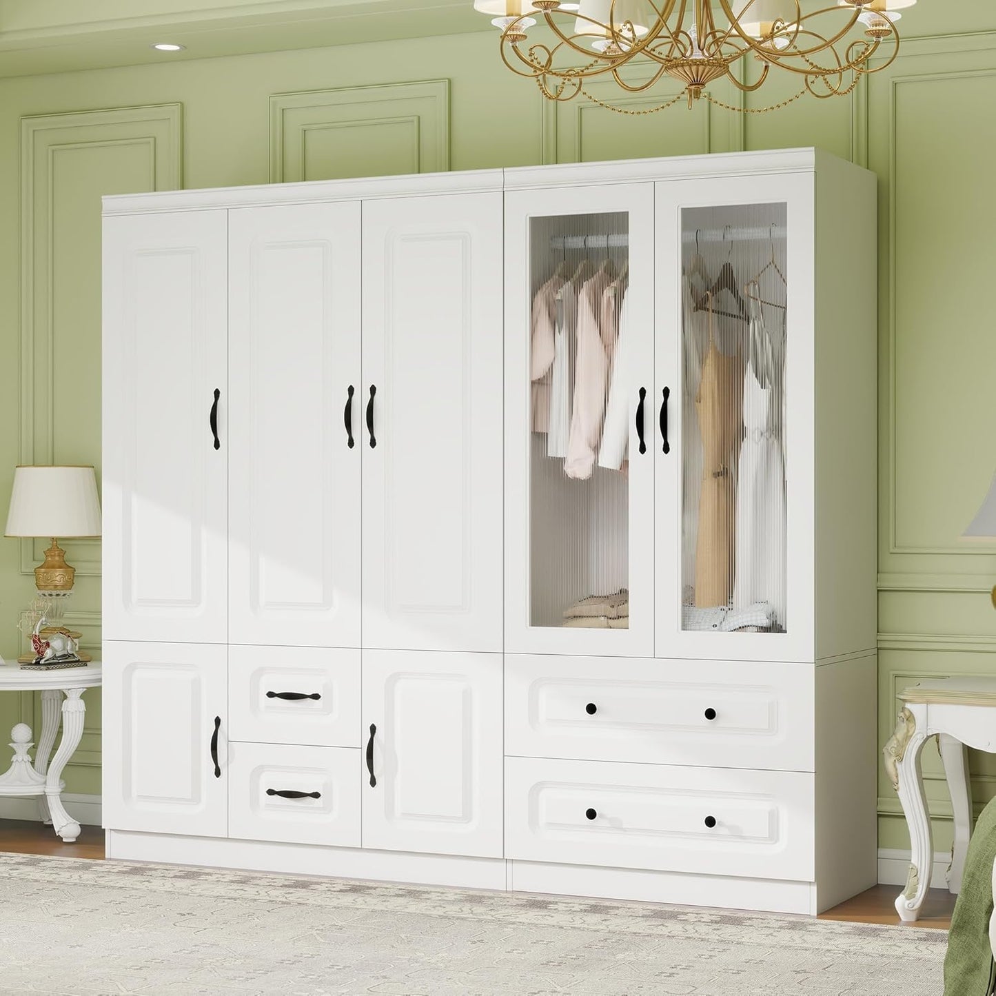 Wooden Armoire Wardrobe Closet:Large Wardrobe Closet with 4 Doors, 3 Drawers for Tall Cabinet, Wardrobe Cabinet for Bedroom with Hanging Rods, Golden Handle, White