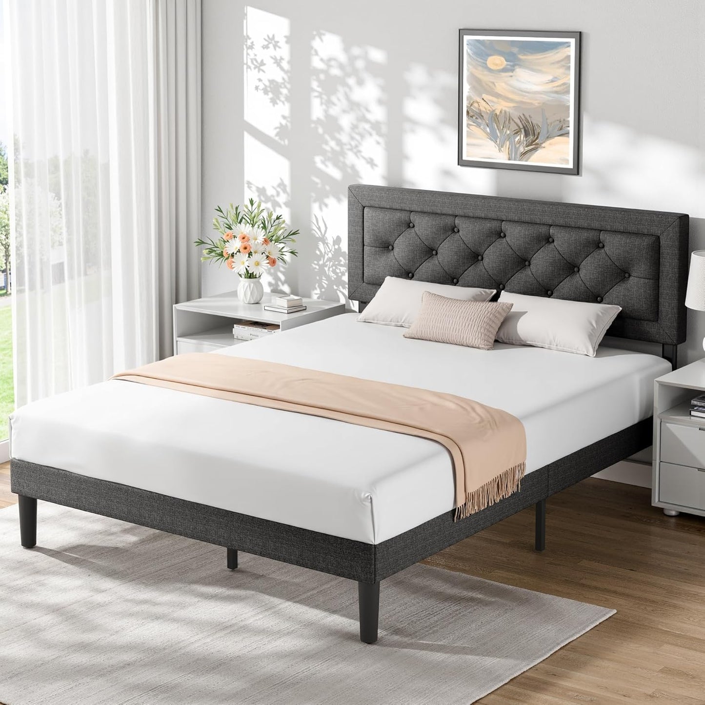 BedsPick Queen Size Bed Frame with Headboard, Upholstered Bed Frame with Button Tufted, Platform Bed with Wood Slat Support,Noise Free, Easy Assembly, No Box Spring Needed (Dark Grey, Queen)