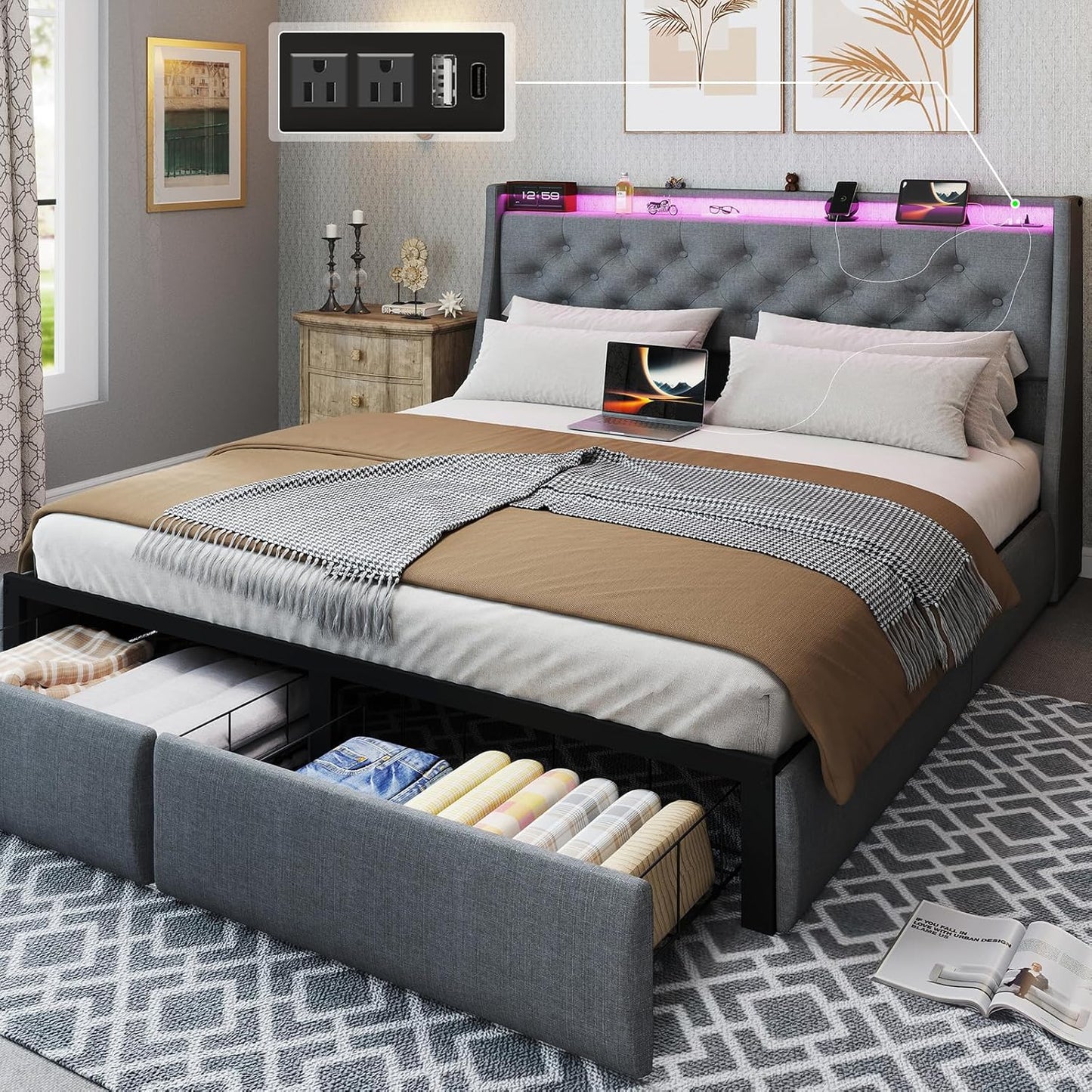 SADENICEL Queen Bed Frame with Storage Headboard and 2 Drawer, Metal Queen Size Bed Frame Platform with LED Light, Charging Station, No Box Spring Needed, Noise Free, Easy Assembly, Grey