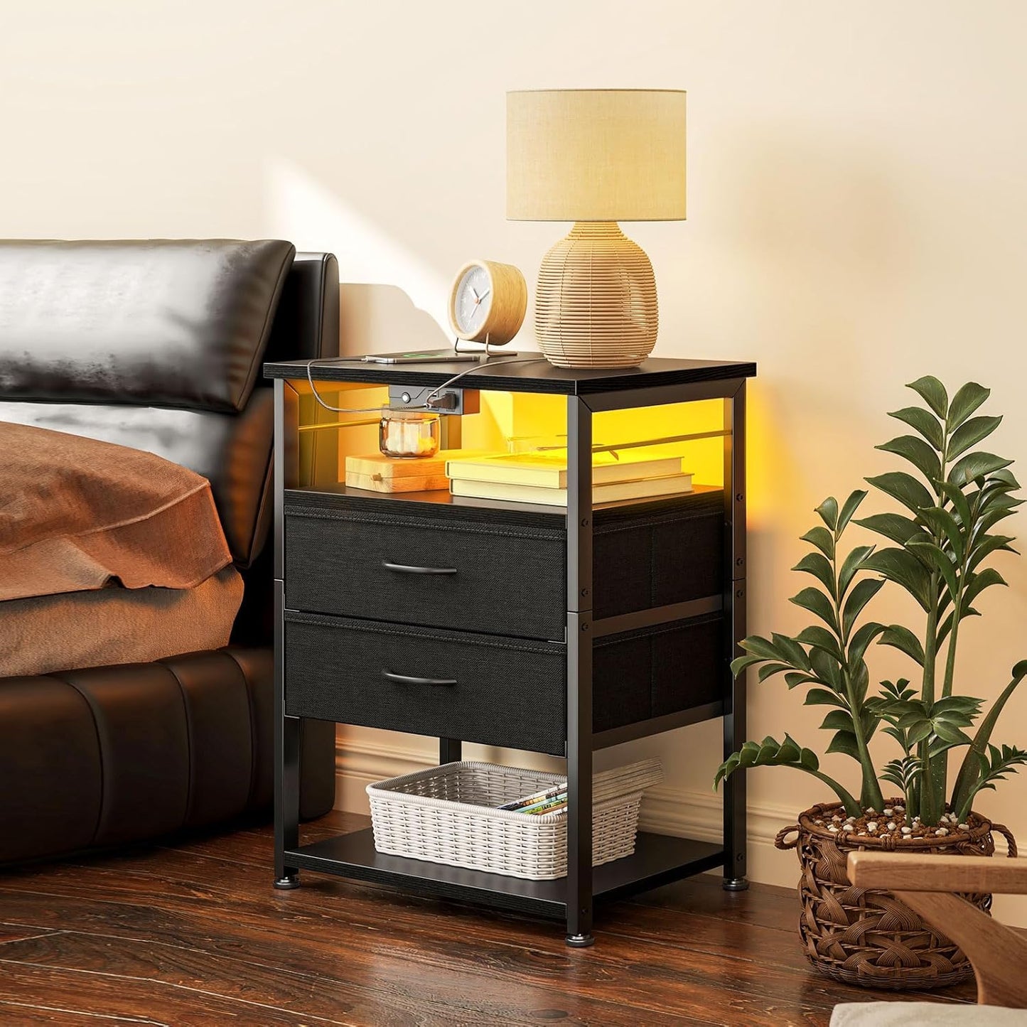 AODK Night Stand with Charging Station, End Table for Bedroom Tall Nightstand with Drawers, Small Nightstand for Bedroom, 4 Tier Storage Bedside Table, Black