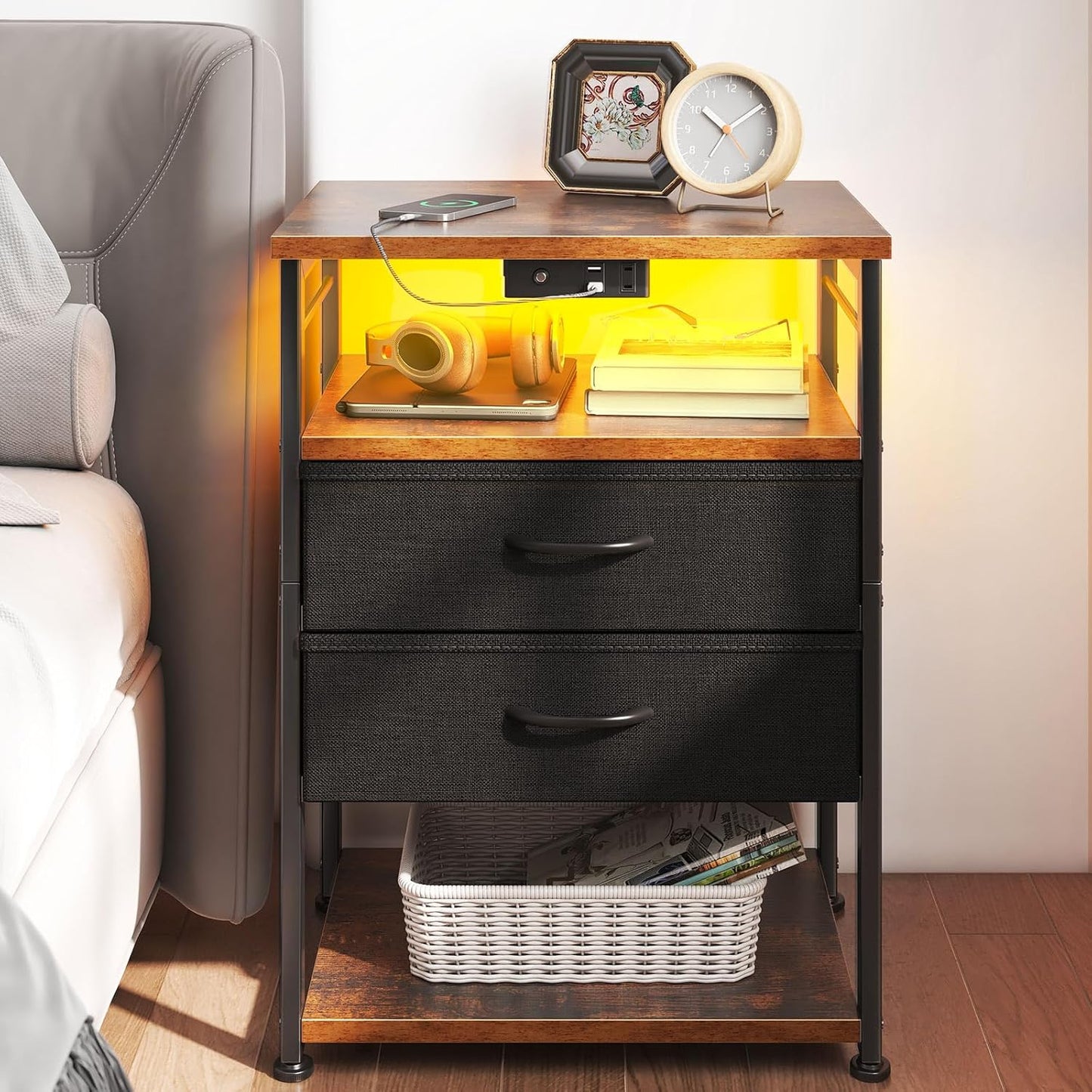 AODK Night Stand with Charging Station, End Table for Bedroom Tall Nightstand with Drawers, Small Nightstand for Bedroom, 4 Tier Storage Bedside Table, Black