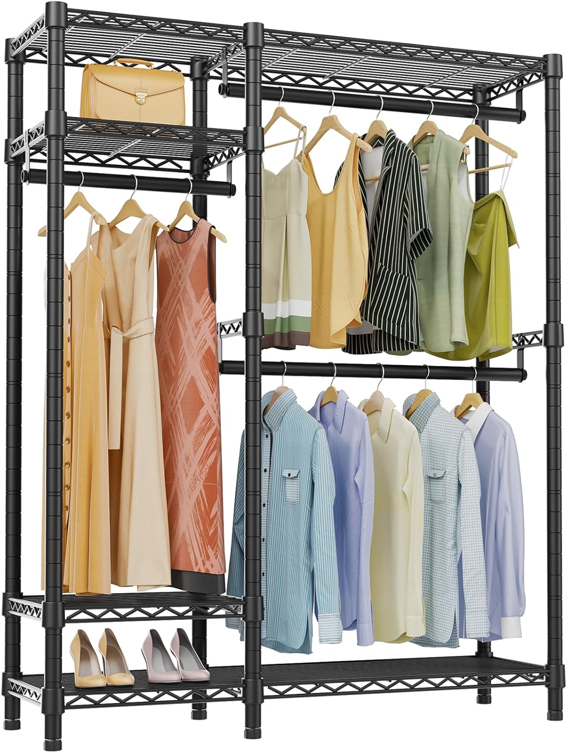 VIPEK V2 Clothes Rack for Hanging Clothes, Heavy Duty Closet Rack with 4 Tiers Wire Shelving & 3 Hanging Rods, Free Standing Closet Wardrobe, 45" Lx16.5 Wx76.4 H, Max Load 700LBS, Black
