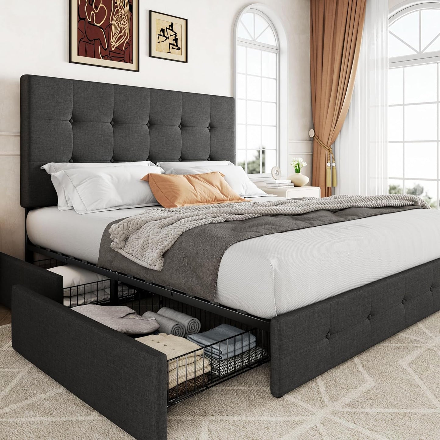 Allewie Upholstered Queen Size Platform Bed Frame with 4 Storage Drawers and Headboard, Square Stitched Button Tufted, Mattress Foundation with Wooden Slats Support, No Box Spring Needed, Light Grey