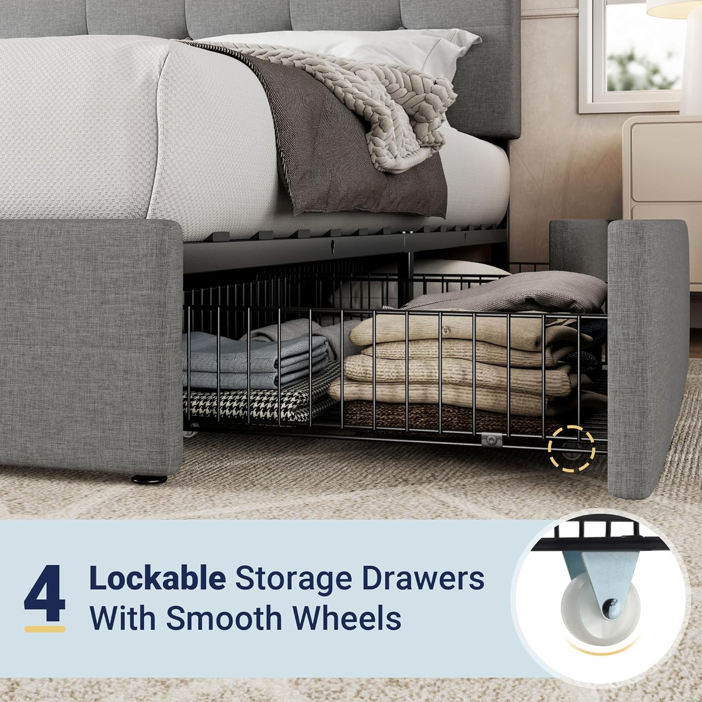 Allewie Upholstered Queen Size Platform Bed Frame with 4 Storage Drawers and Headboard, Square Stitched Button Tufted, Mattress Foundation with Wooden Slats Support, No Box Spring Needed, Light Grey