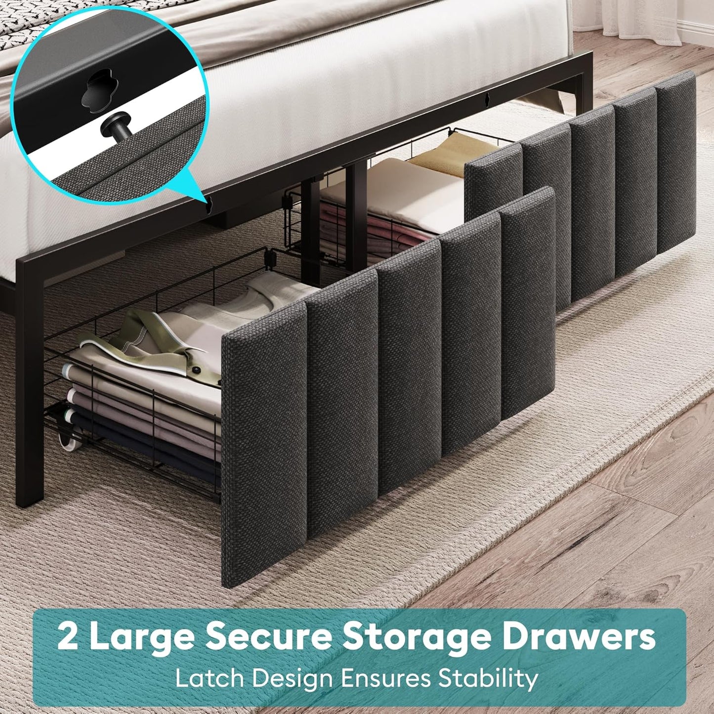 Full Bed Frame with Storage, Upholstered Bed Frame with LED Lights Headboard and 2 Drawers, Full Size Bed with Charging Station, Noise-Free, No Box Spring Needed, Easy Assembly, Grey