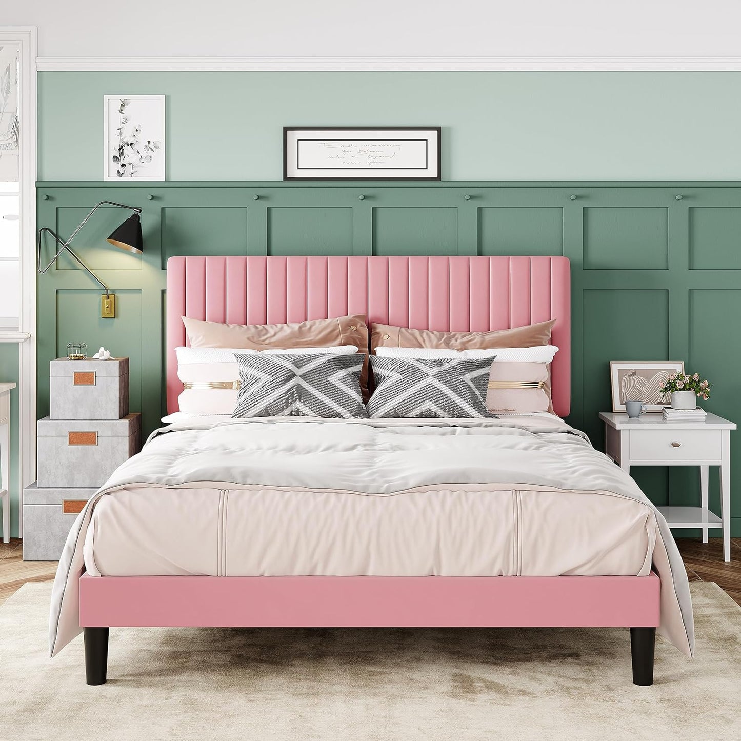 Allewie Queen Bed Frame, Velvet Upholstered Platform Bed with Vertical Channel Tufted Headboard, Mattress Foundation with Strong Wooden Slats, Box Spring Optional, Easy Assembly, Black