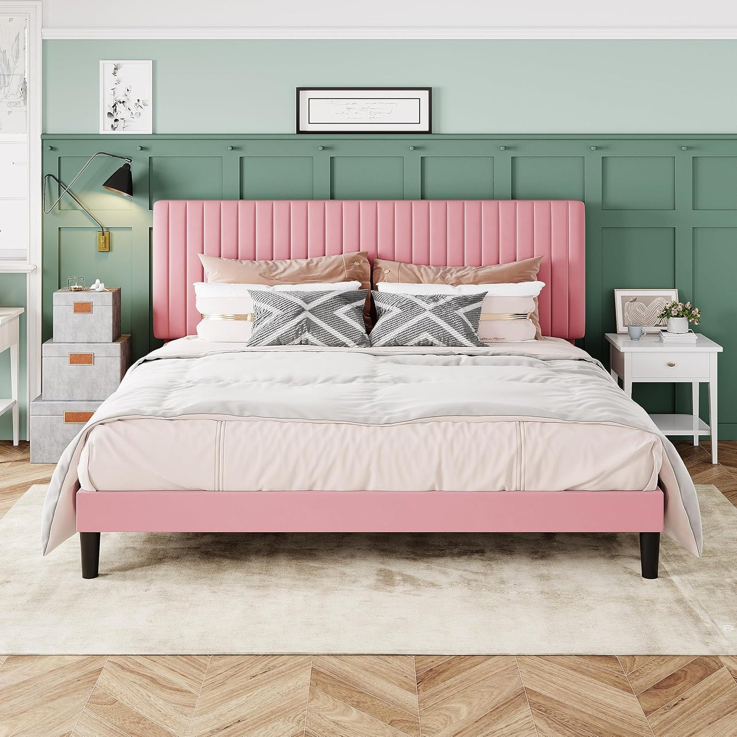 Allewie Queen Bed Frame, Velvet Upholstered Platform Bed with Vertical Channel Tufted Headboard, Mattress Foundation with Strong Wooden Slats, Box Spring Optional, Easy Assembly, Black