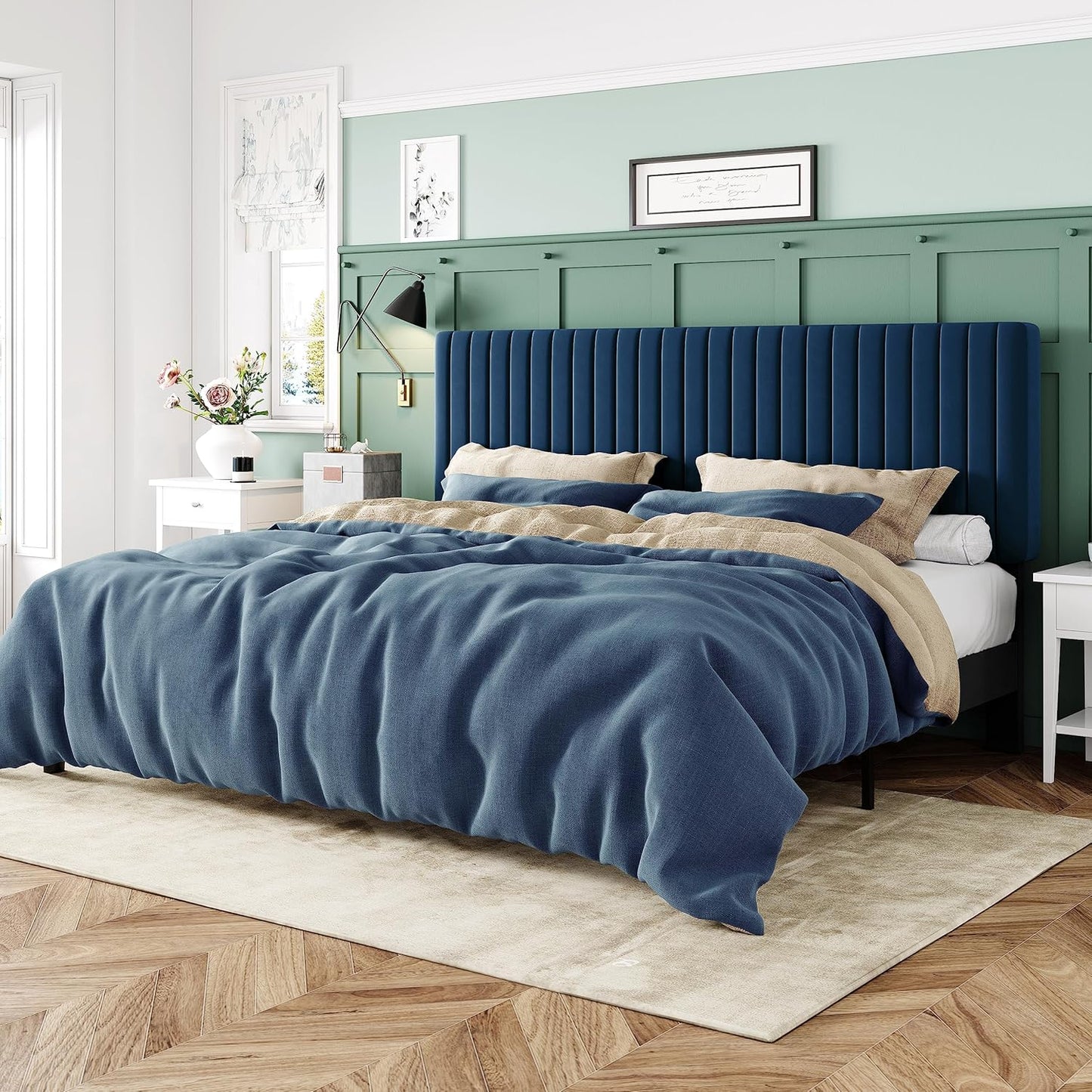 Allewie Queen Bed Frame, Velvet Upholstered Platform Bed with Vertical Channel Tufted Headboard, Mattress Foundation with Strong Wooden Slats, Box Spring Optional, Easy Assembly, Black