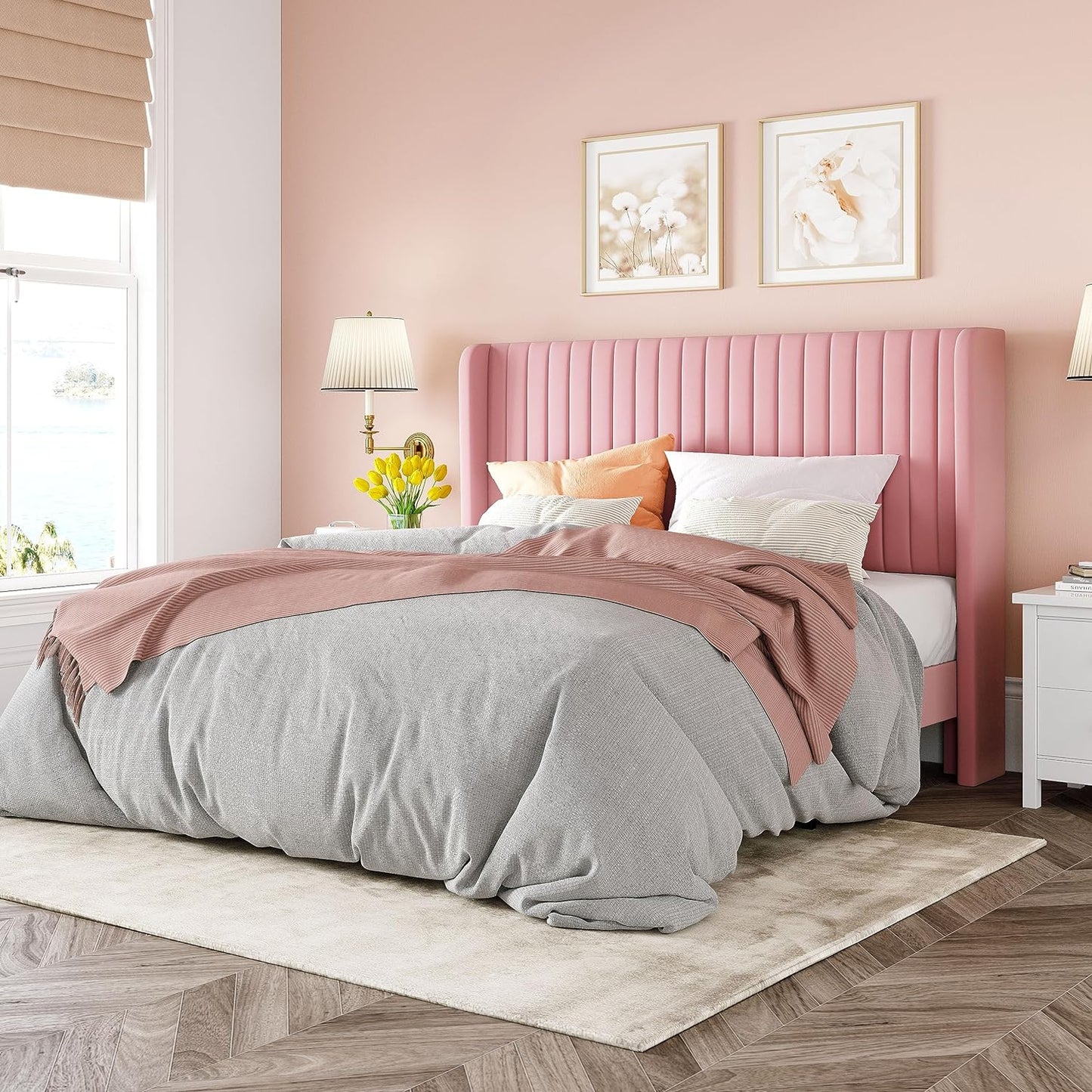 Allewie Full Size Velvet Bed Frame/Vertical Channel Tufted Wingback Headboard/Upholstered Platform Bed/Strong Wooden Slats/No Box Spring Needed/Easy Assembly/White