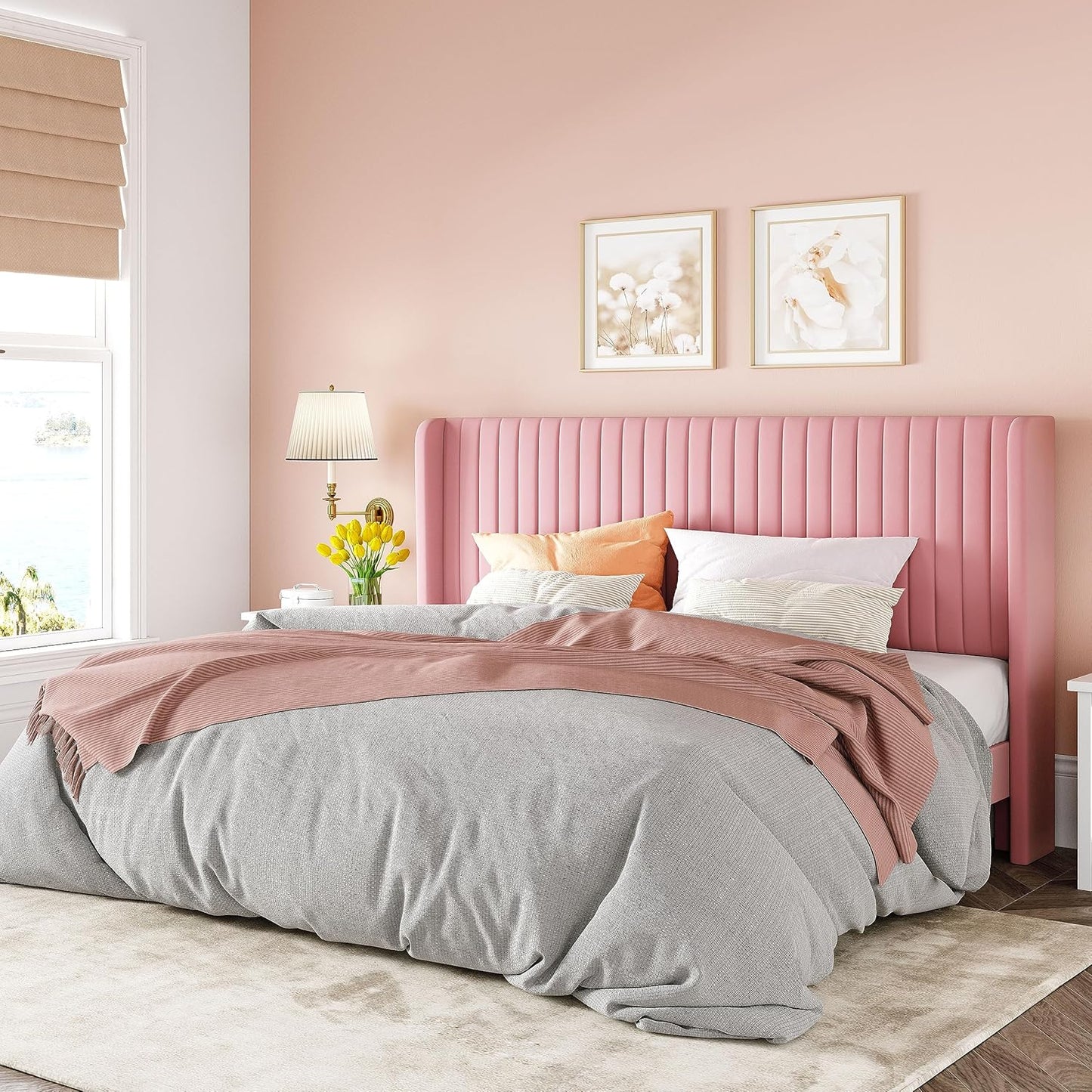 Allewie Full Size Velvet Bed Frame/Vertical Channel Tufted Wingback Headboard/Upholstered Platform Bed/Strong Wooden Slats/No Box Spring Needed/Easy Assembly/White