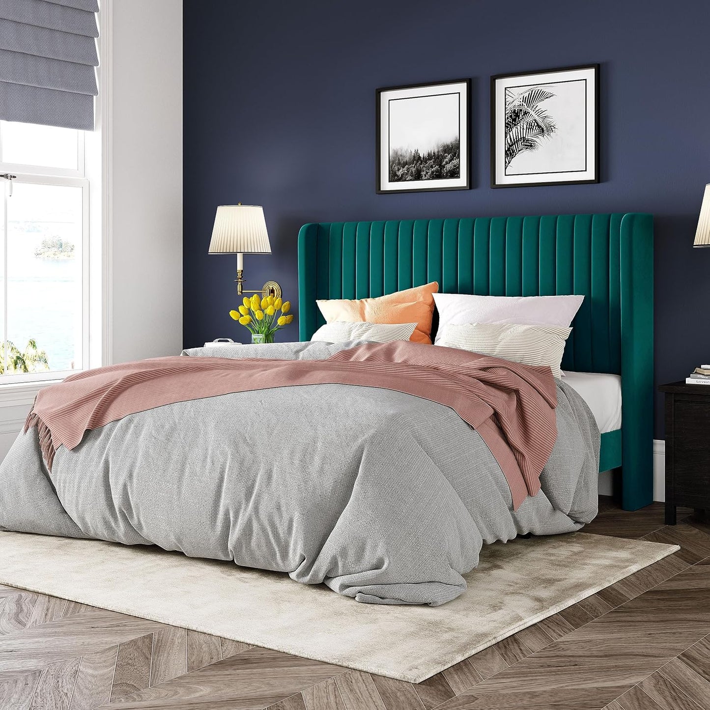 Allewie Full Size Velvet Bed Frame/Vertical Channel Tufted Wingback Headboard/Upholstered Platform Bed/Strong Wooden Slats/No Box Spring Needed/Easy Assembly/White