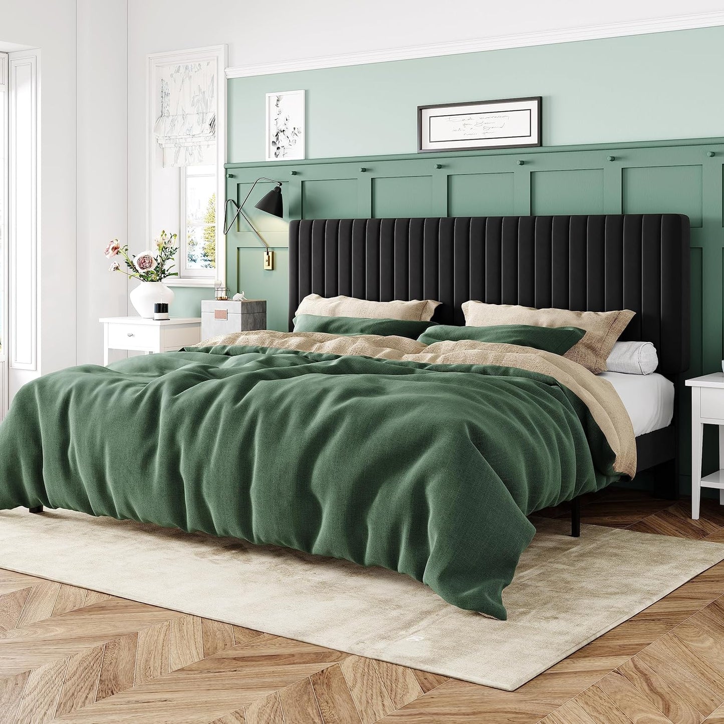 Allewie Queen Bed Frame, Velvet Upholstered Platform Bed with Vertical Channel Tufted Headboard, Mattress Foundation with Strong Wooden Slats, Box Spring Optional, Easy Assembly, Black