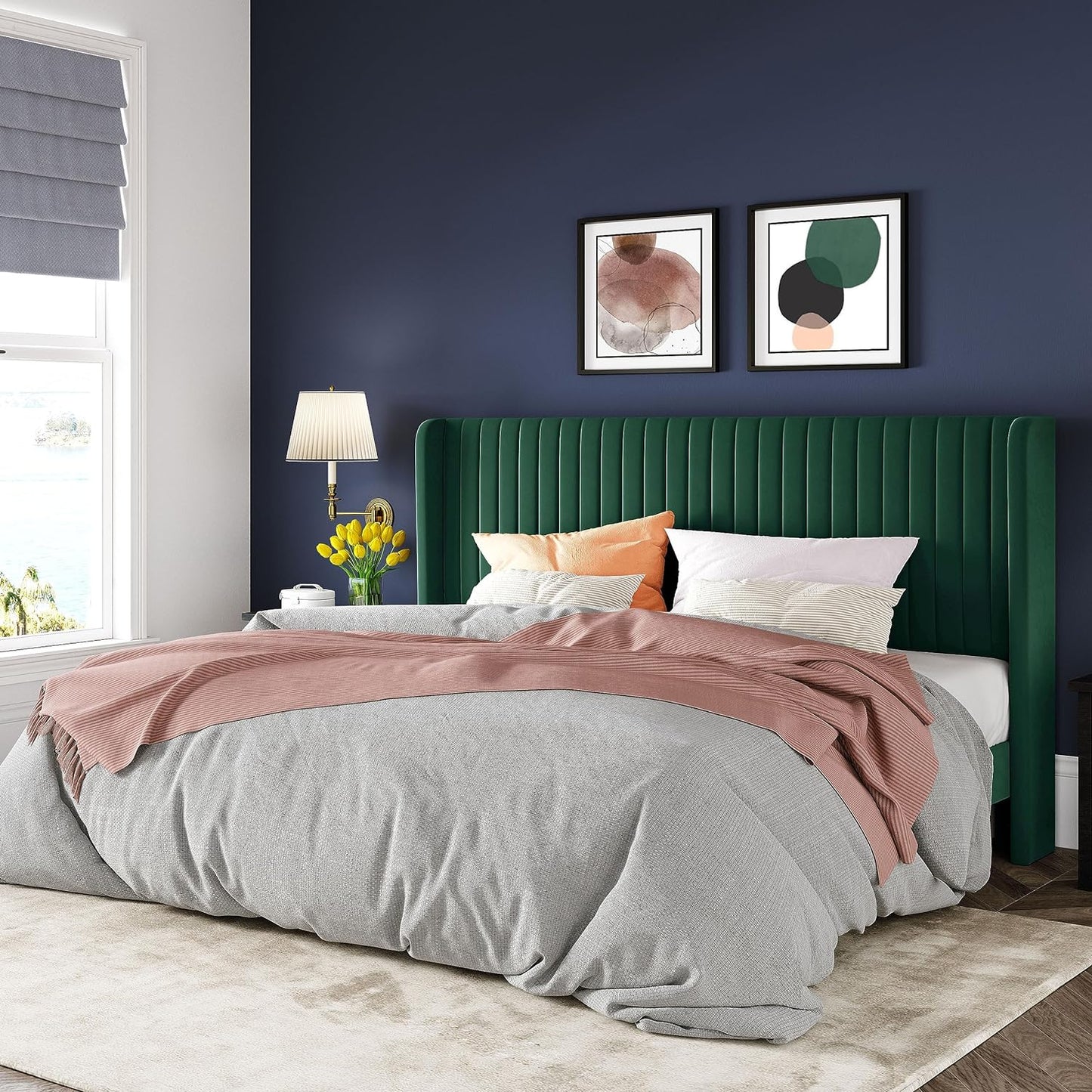 Allewie Full Size Velvet Bed Frame/Vertical Channel Tufted Wingback Headboard/Upholstered Platform Bed/Strong Wooden Slats/No Box Spring Needed/Easy Assembly/White
