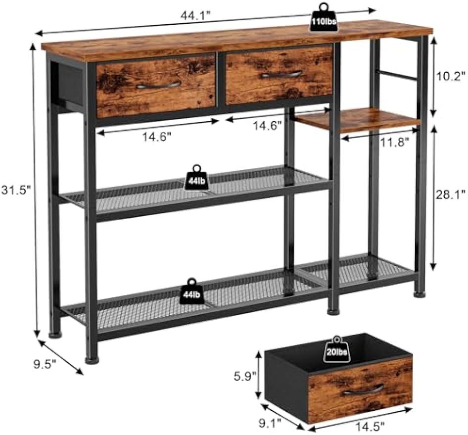 Furnulem Entryway Table 44'' Sofa Console Table with 2 Fabric Drawers, Industrial Entry Way Shoe Rack with Metal Mesh Shelf for Front Door, Hallway, Foyer Wooden Top, Sturdy Metal Frame, Rustic Brown