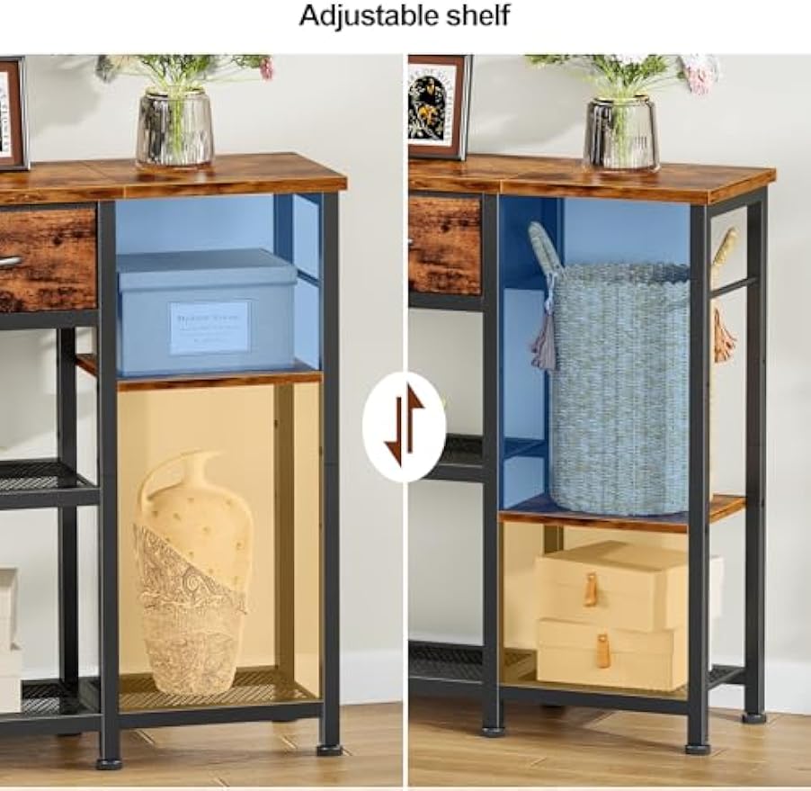 Furnulem Entryway Table 44'' Sofa Console Table with 2 Fabric Drawers, Industrial Entry Way Shoe Rack with Metal Mesh Shelf for Front Door, Hallway, Foyer Wooden Top, Sturdy Metal Frame, Rustic Brown