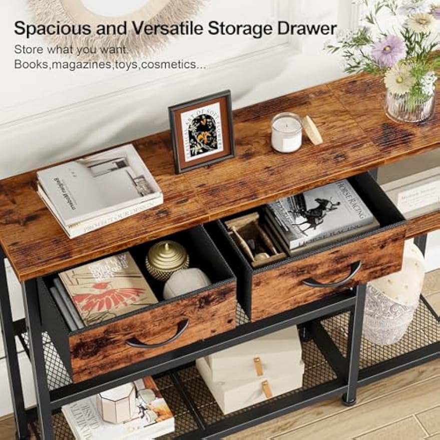 Furnulem Entryway Table 44'' Sofa Console Table with 2 Fabric Drawers, Industrial Entry Way Shoe Rack with Metal Mesh Shelf for Front Door, Hallway, Foyer Wooden Top, Sturdy Metal Frame, Rustic Brown