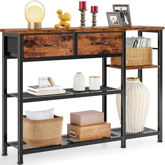 Furnulem Entryway Table 44'' Sofa Console Table with 2 Fabric Drawers, Industrial Entry Way Shoe Rack with Metal Mesh Shelf for Front Door, Hallway, Foyer Wooden Top, Sturdy Metal Frame, Rustic Brown