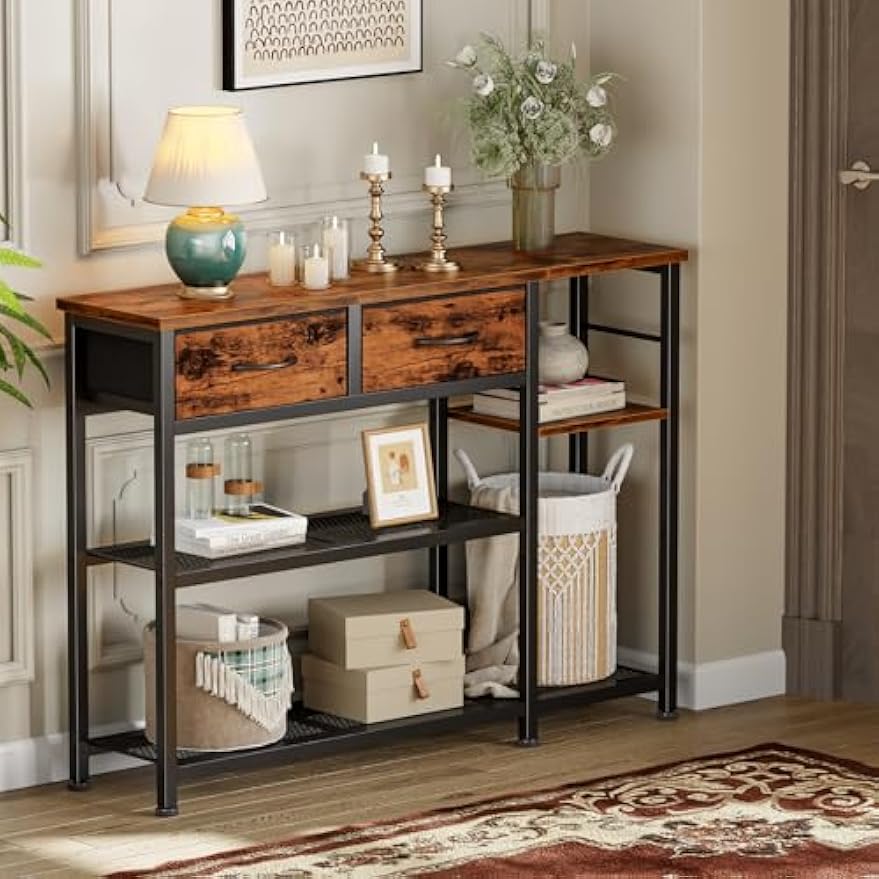 Furnulem Entryway Table 44'' Sofa Console Table with 2 Fabric Drawers, Industrial Entry Way Shoe Rack with Metal Mesh Shelf for Front Door, Hallway, Foyer Wooden Top, Sturdy Metal Frame, Rustic Brown