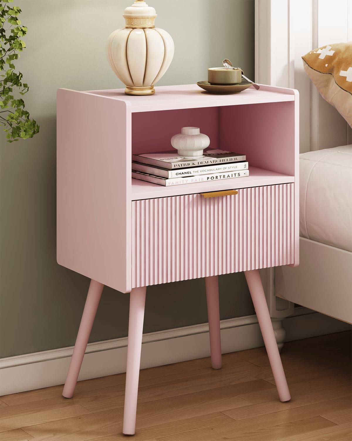Nightstand,Modern Bedside Table with Storage Drawer and Open Wood Shelf, for Living Room, Bedroom and Small Spaces, Accent Night Stand with Solid Wood Legs, Easy Assembly,Walnut Brown