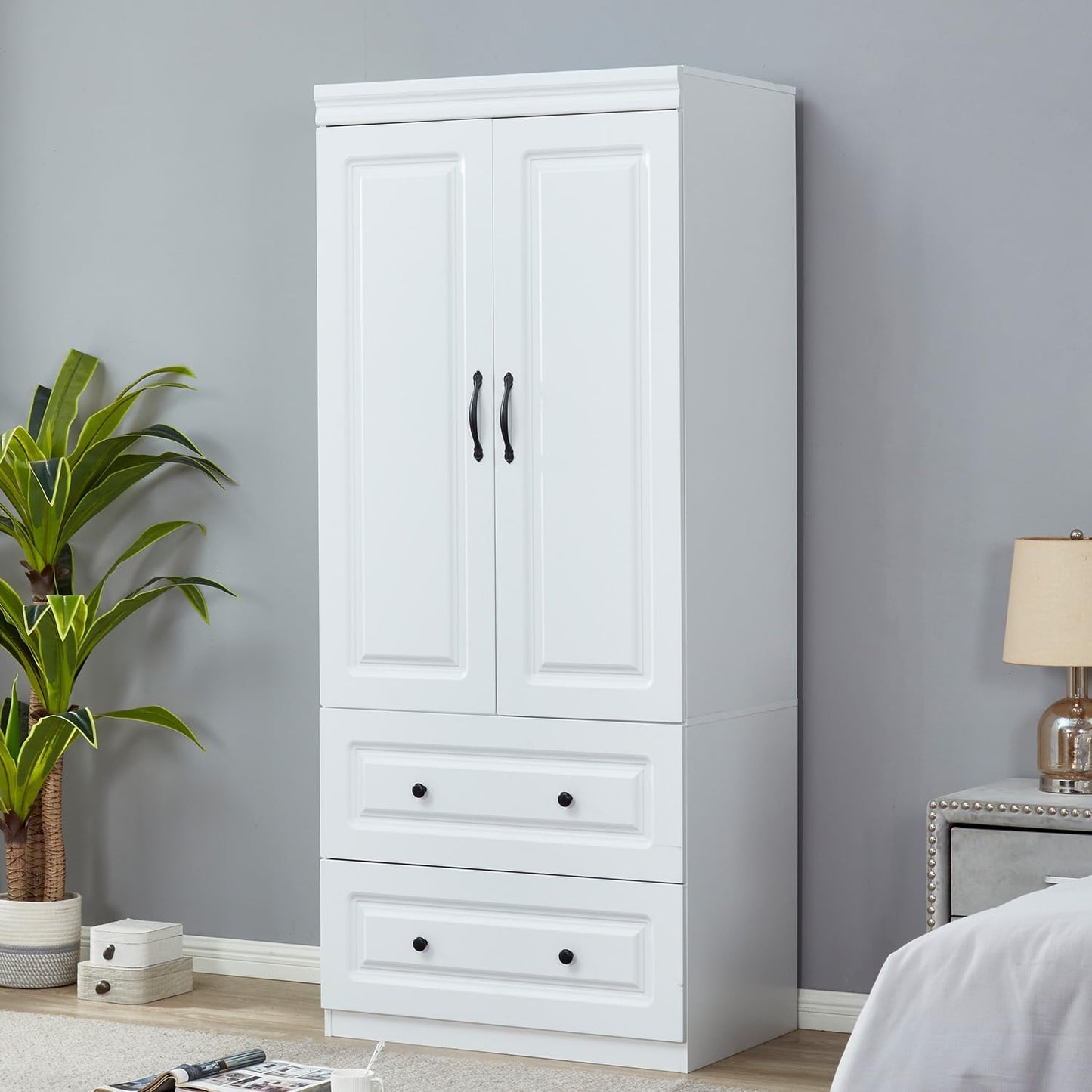 Wooden Armoire Wardrobe Closet：Large Wardrobe Closet with 4 Doors, 3 Drawers for Tall Cabinet, Wardrobe Cabinet for Bedroom with Hanging Rods, Golden Handle, White