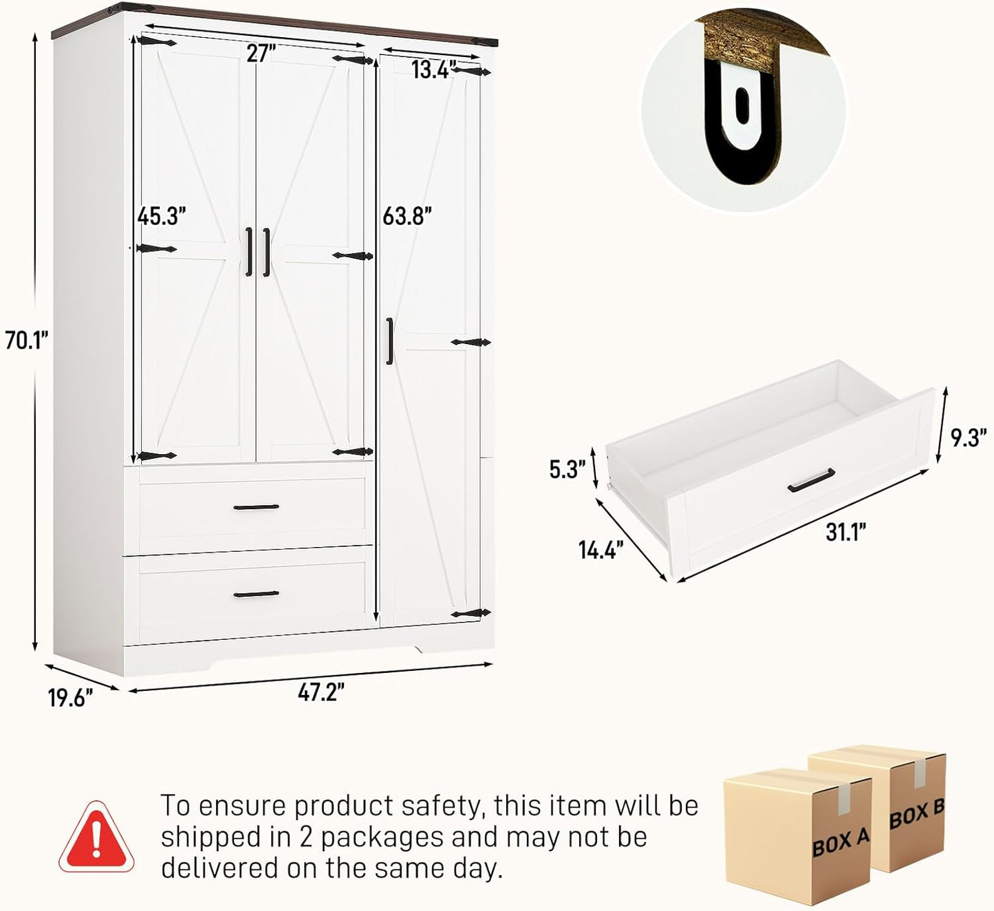 3 Doors Wardrobe Armoire Closet with Doors and Drawers, Farmhouse Wooden Armoire Storage Cabinet with Shelves & Hanging Rod for Bedroom, White