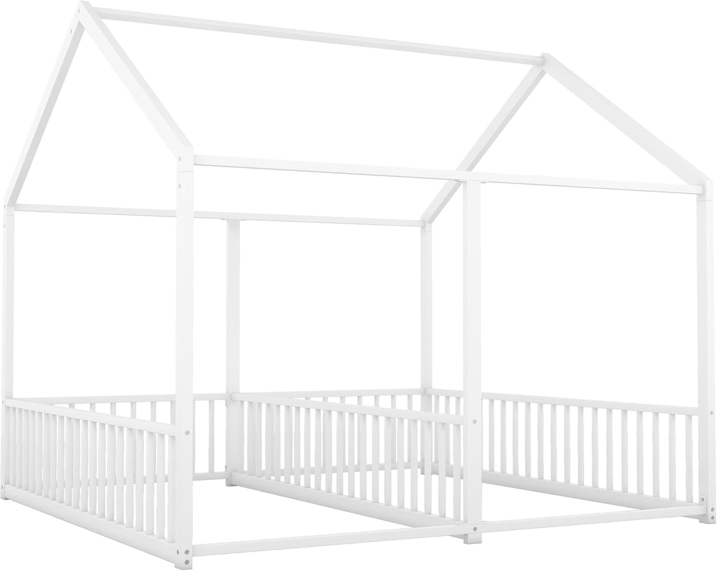 Double Floor Bed for Twins,Twin Size House Bed for 2 Kids,Two Shared Beds,Twin House Platform Beds,Metal Floor Bed Frame with Rails for Girls,Boys(White)