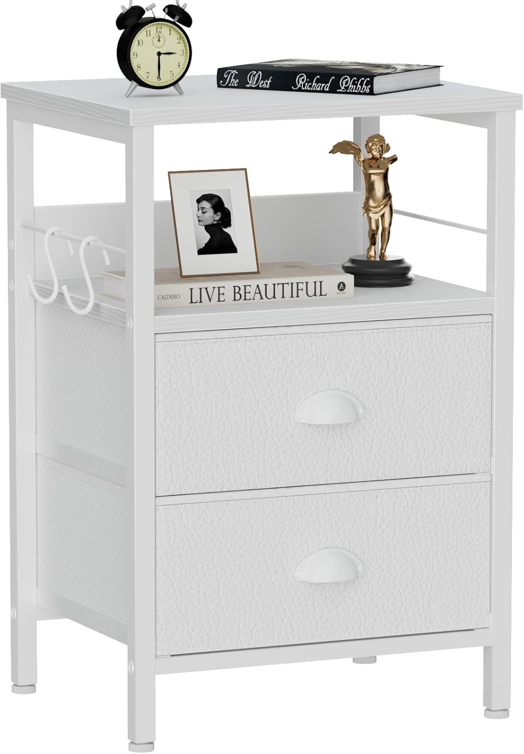 Furologee Nightstands Set 2, End Table with 2 Fabric Drawers, Bedside Table with 2 Hooks, Open Wood Shelf Side Sofa Table for Bedroom/Living Room/Hallway/White