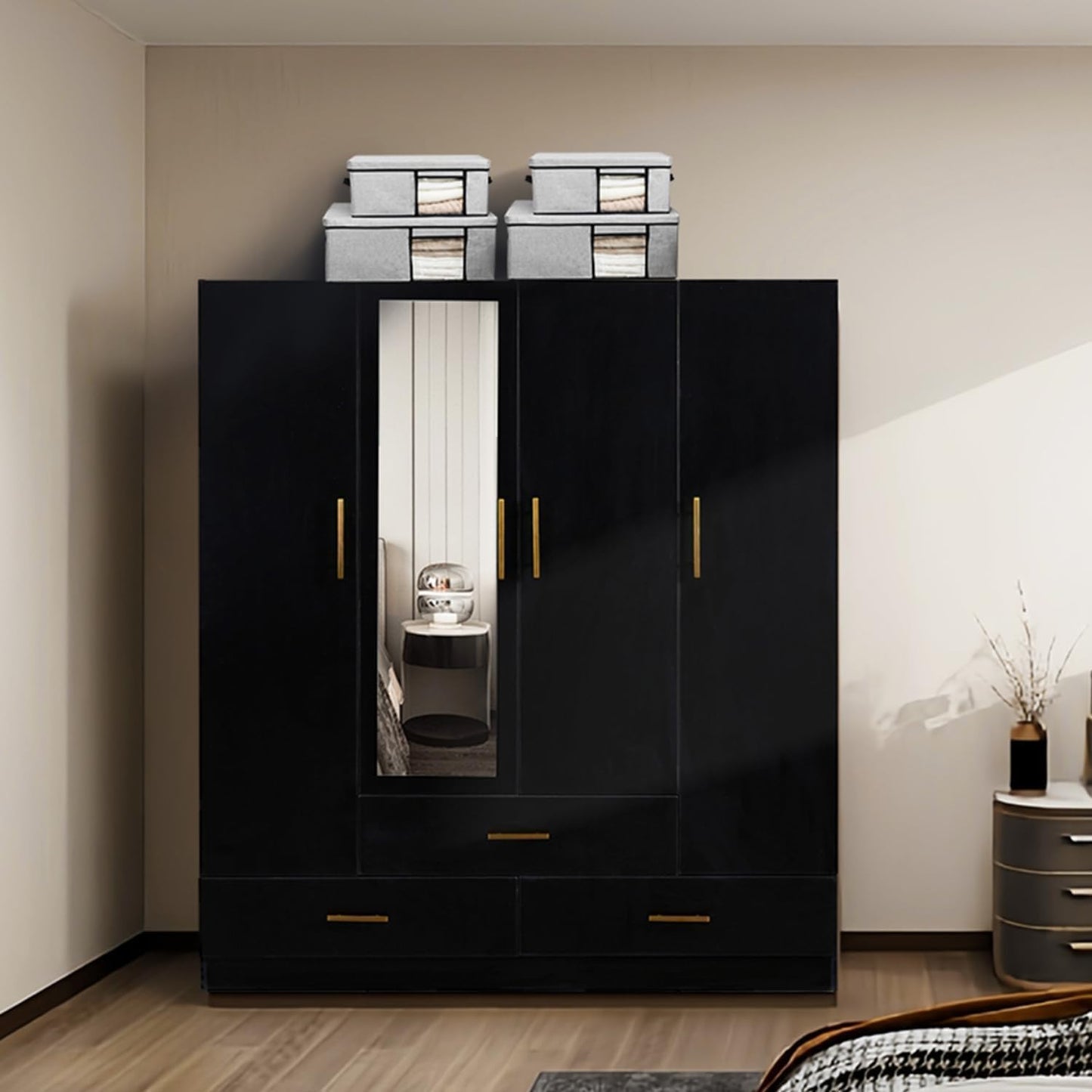 Wooden Armoire Wardrobe Closet：Large Wardrobe Closet with 4 Doors, 3 Drawers for Tall Cabinet, Wardrobe Cabinet for Bedroom with Hanging Rods, Golden Handle, White
