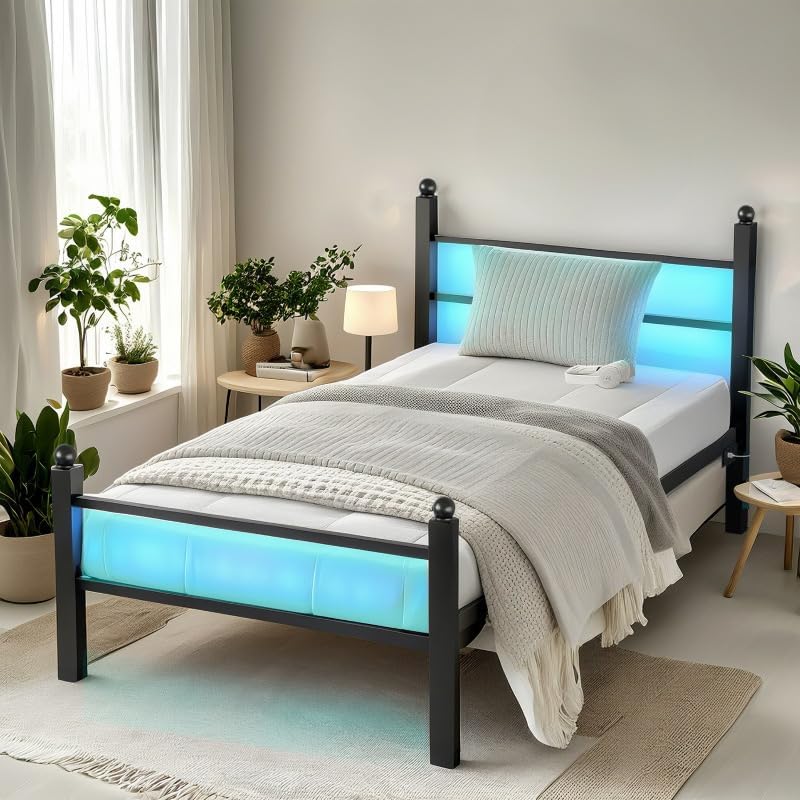 Full Size Bed Frame with Headboard and Footboard,Steel Slats Support-LED Bed Frame with USB Charging Station,Mattress Foundation-Under Bed Storage,No Box Spring Needed,Noise Free,White