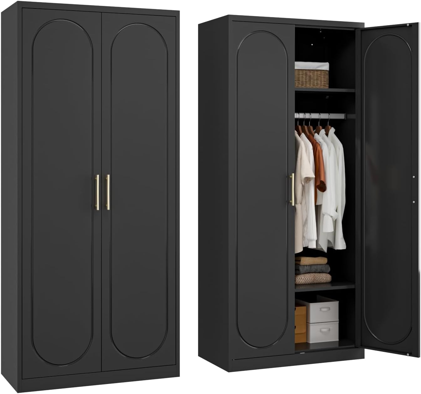 Metal Wardrobe Cabinet with Hanging Rod, 71" Tall Armoire Wardrobe Closet with 2 Doors and Adjustable Shelves, Black Clothing Storage Cabinets for Bedroom, Laundry Room, Cloak Room