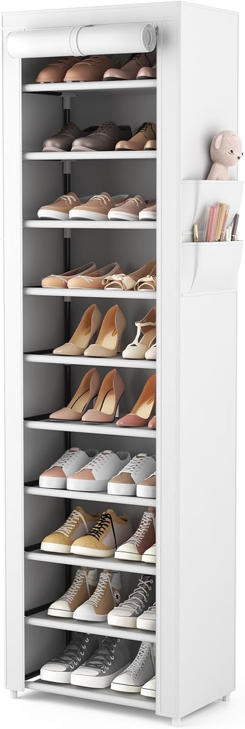 VTRIN Vertical Narrow Shoe Rack Organizer Tall Shoe Rack for Closet Entryway 10 Tier Non-Woven Cover Shoe Shelf Holds 20-22 Pairs Free Standing Shoe Storage Cabinet with Dustproof Cover, Black