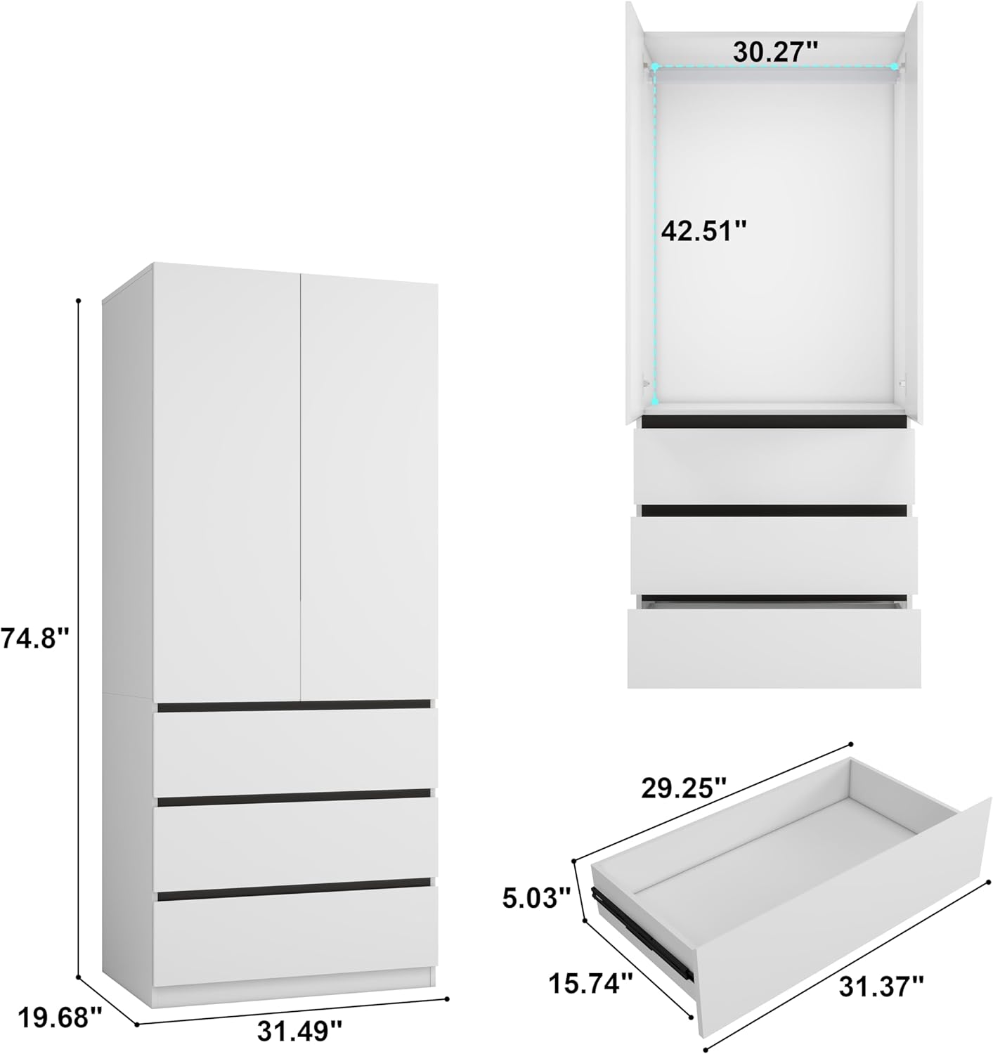 Wooden Wardrobe Closet with 2 Doors: 75" Bedroom Armoire Wardrobe Closet with 3 Drawers, White Cabinet with Hanging Shelves, Large Storage Cabinet (Modern, 1)