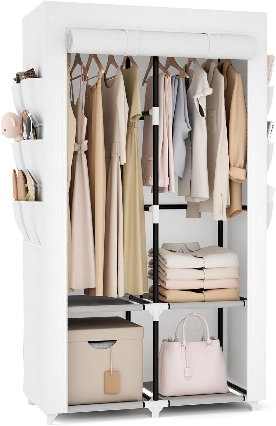 VTRIN Portable Closet Wardrobe Closet for Hanging Clothes with 4 Storage Shelves, 2 Hanging Rods and 6 Pockets, Stable and Easy Assembly Clothes Rack with Cover Free Standing Closet for Bedroom, Black