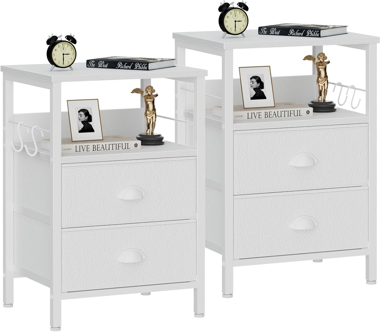 Furologee Nightstands Set 2, End Table with 2 Fabric Drawers, Bedside Table with 2 Hooks, Open Wood Shelf Side Sofa Table for Bedroom/Living Room/Hallway/White