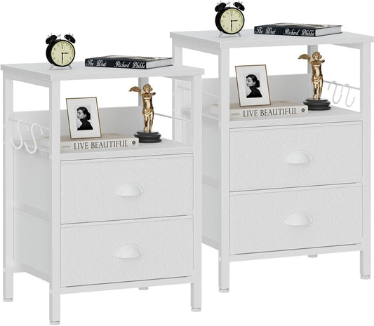 Furologee Nightstands Set 2, End Table with 2 Fabric Drawers, Bedside Table with 2 Hooks, Open Wood Shelf Side Sofa Table for Bedroom/Living Room/Hallway/White