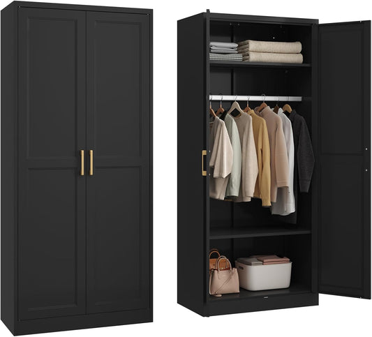 Metal Wardrobe Cabinet with Hanging Rod, 71" Tall Armoire Wardrobe Closet with 2 Doors and Adjustable Shelves, Black Clothing Storage Cabinets for Bedroom, Laundry Room, Cloak Room