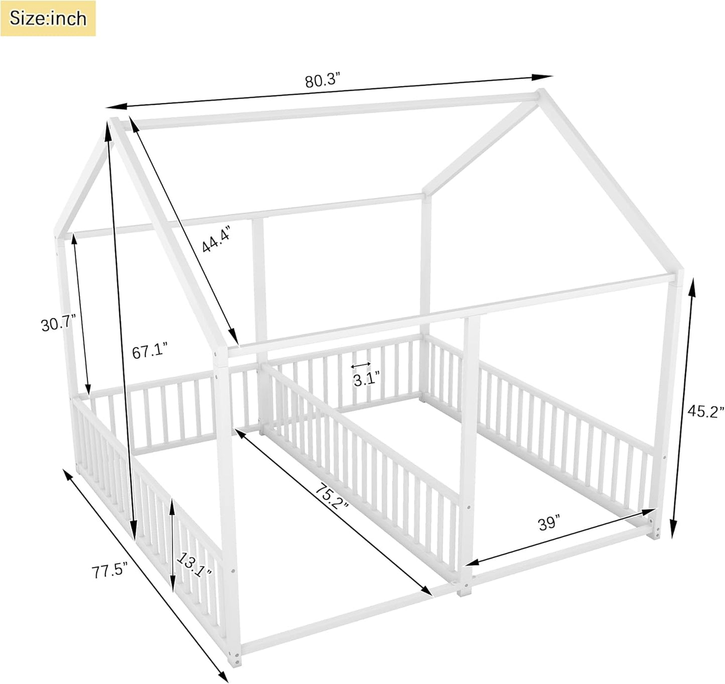 Double Floor Bed for Twins,Twin Size House Bed for 2 Kids,Two Shared Beds,Twin House Platform Beds,Metal Floor Bed Frame with Rails for Girls,Boys(White)