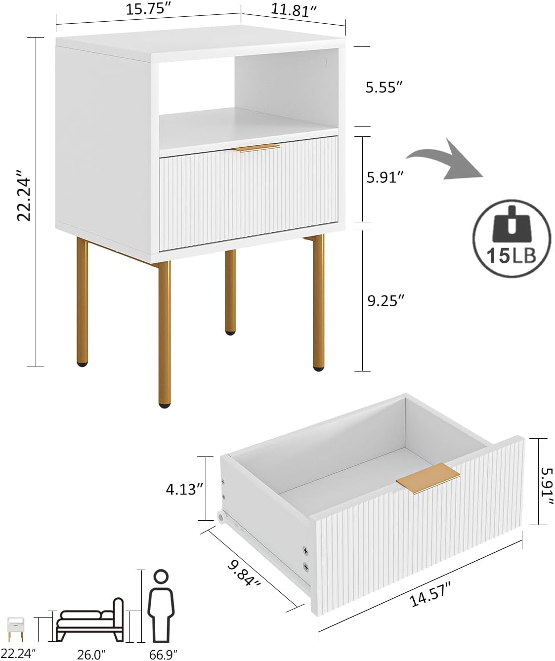 Masupu Nightstand,Mid-Century Modern Bedside Table with Storage Drawer and Open Wood Shelf,Small Gold Frame Side Table for Bedroom,Living Room,White