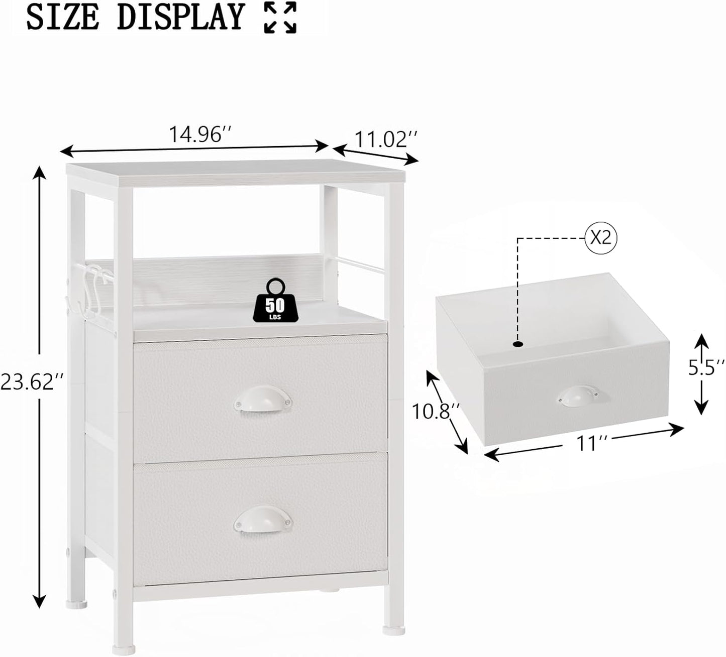 Furologee Nightstands Set 2, End Table with 2 Fabric Drawers, Bedside Table with 2 Hooks, Open Wood Shelf Side Sofa Table for Bedroom/Living Room/Hallway/White