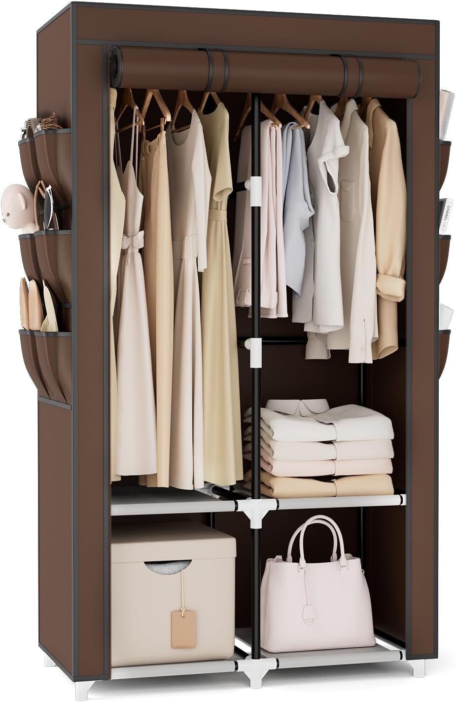VTRIN Portable Closet Wardrobe Closet for Hanging Clothes with 4 Storage Shelves, 2 Hanging Rods and 6 Pockets, Stable and Easy Assembly Clothes Rack with Cover Free Standing Closet for Bedroom, Black
