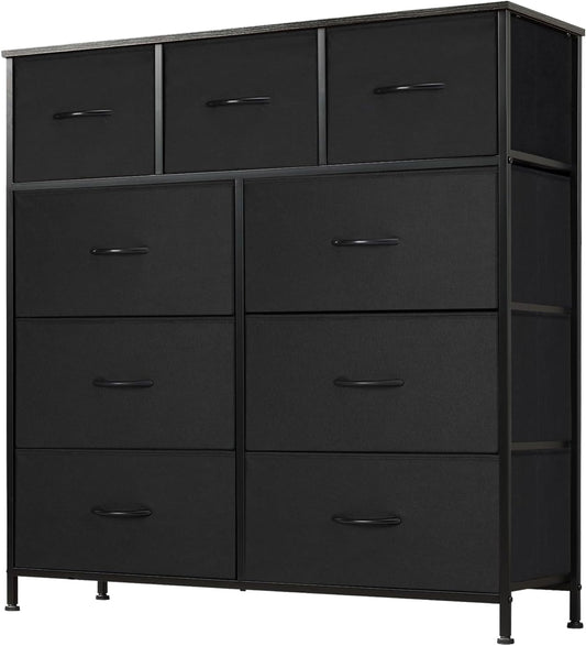DUMOS Dresser for Bedroom, Storage Organizer with 9 Drawers, Chest of Drawers with Fabric Bins, Sturdy Metal Frame, Wood Tabletop for Guest Room, Closet, Entryway, Nursery
