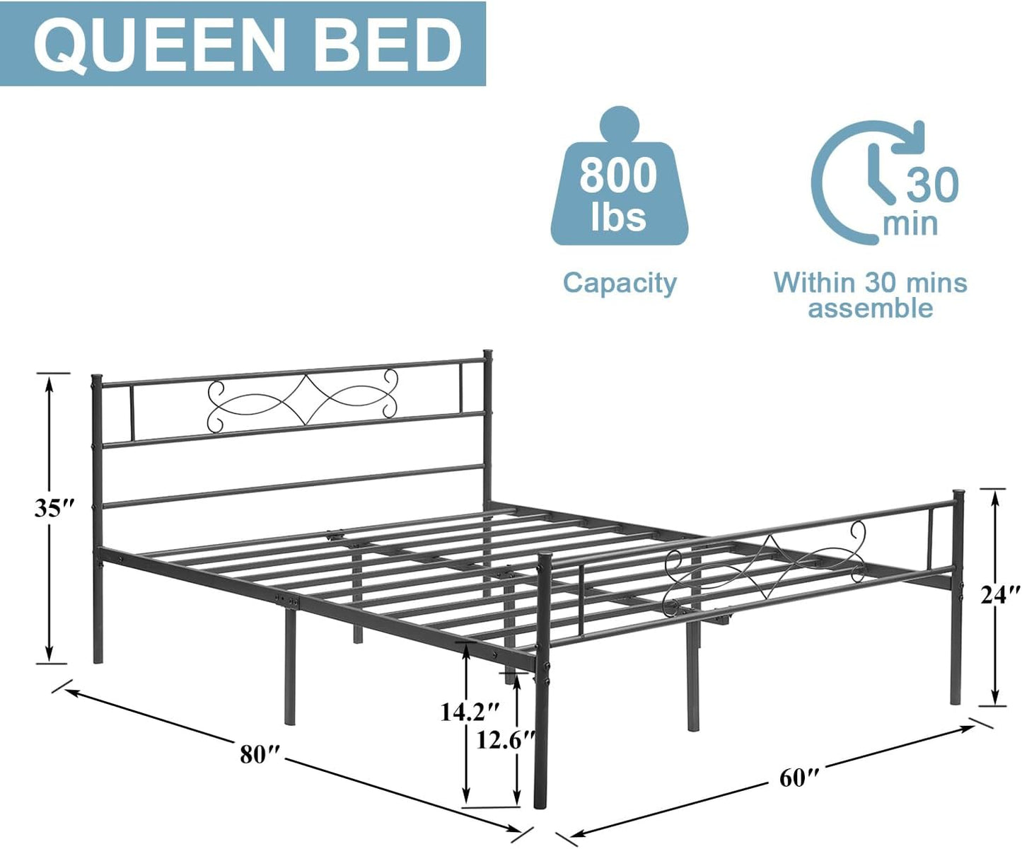 VECELO Queen Size Metal Platform Bed Frame with Headboard/Premium Steel Slat Support/No Box Spring Needed/Noise-Free Anti-Slip/Easy Assembly