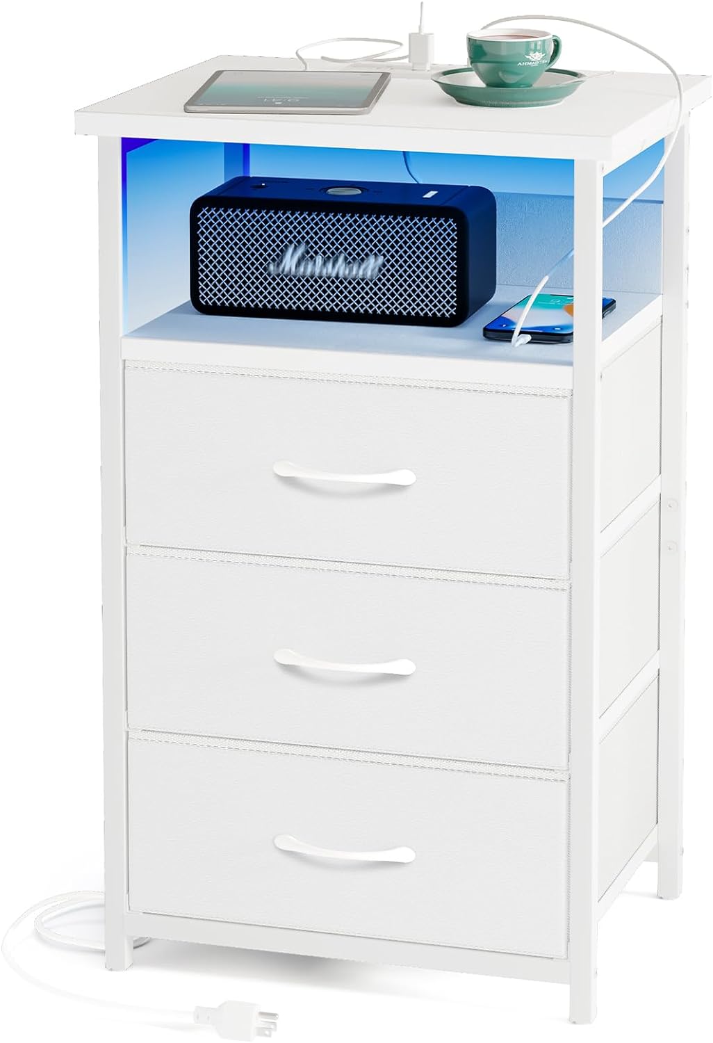 Fixwal Night Stand with Charging Station, LED Nightstand with U-S-B Ports and Outlets, 3 Fabric Storage Drawers with PU Finish, Bedside Table, Black