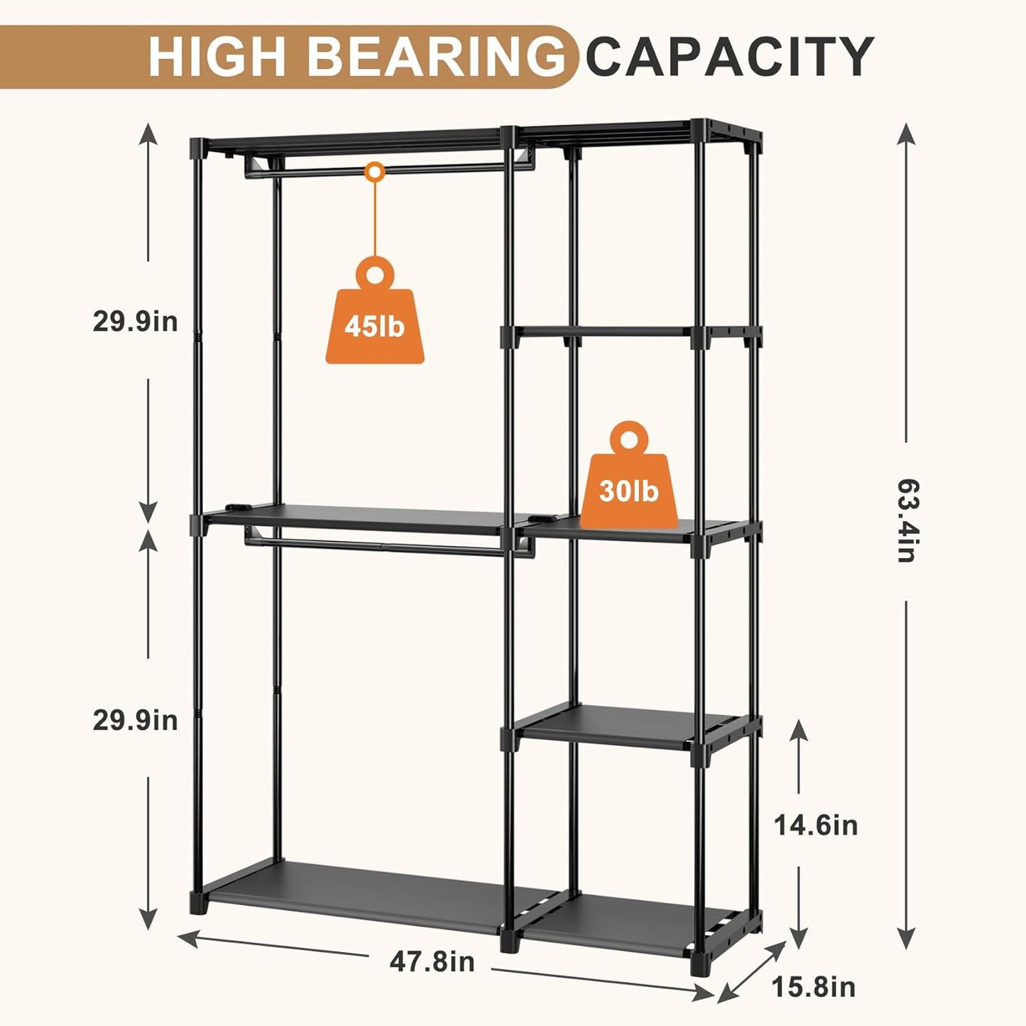 Portable Closet, Freestanding Wardrobe Closet Organizers and Storage,Open Clothing Racks for Hanging Clothes with 4 Shelves and 2 Hanging Rods，47.8x15.8x63.4 Inches