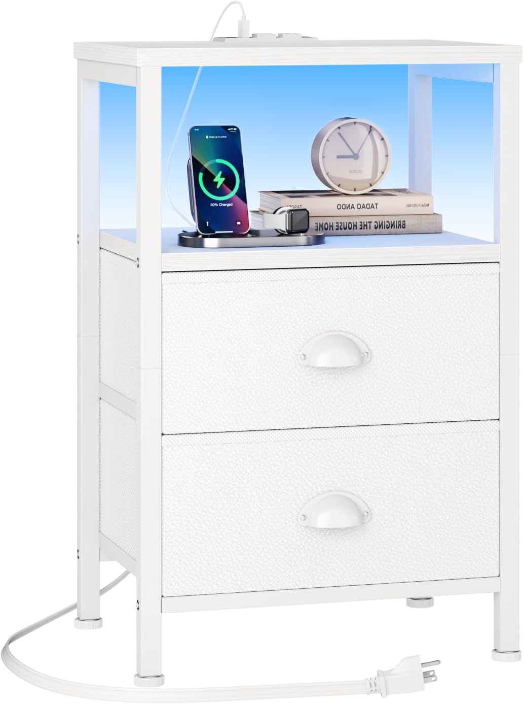 Furologee Nightstands Set of 2, End Tables with Charging Station and LED Lights, Black Night Stands with 2 Fabric Drawers, Bedside Tables Set of 2 for Living Room/Bedroom,Black Oak