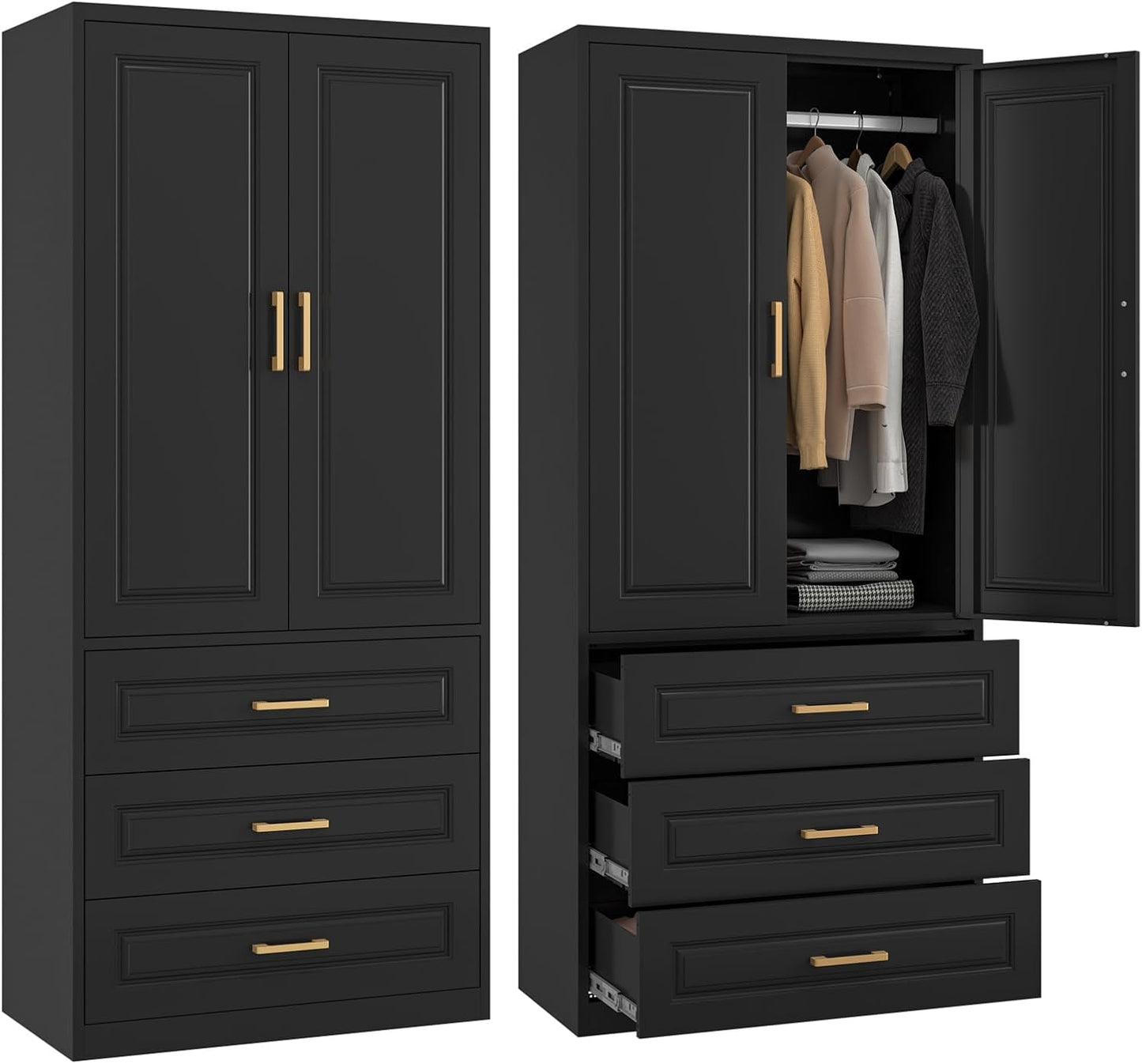 Metal Wardrobe Cabinet with Hanging Rod, 71" Tall Armoire Wardrobe Closet with 2 Doors and Adjustable Shelves, Black Clothing Storage Cabinets for Bedroom, Laundry Room, Cloak Room