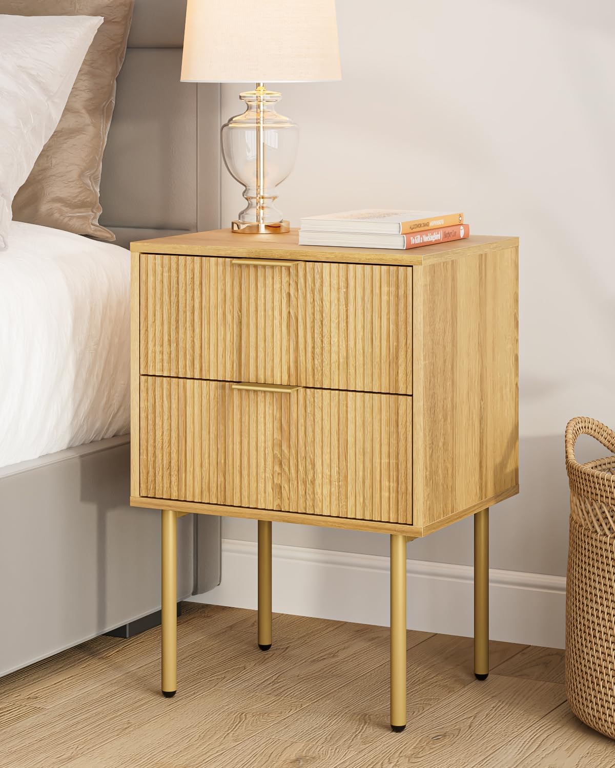Masupu Nightstand,Mid-Century Modern Bedside Table with Storage Drawer and Open Wood Shelf,Small Gold Frame Side Table for Bedroom,Living Room,White