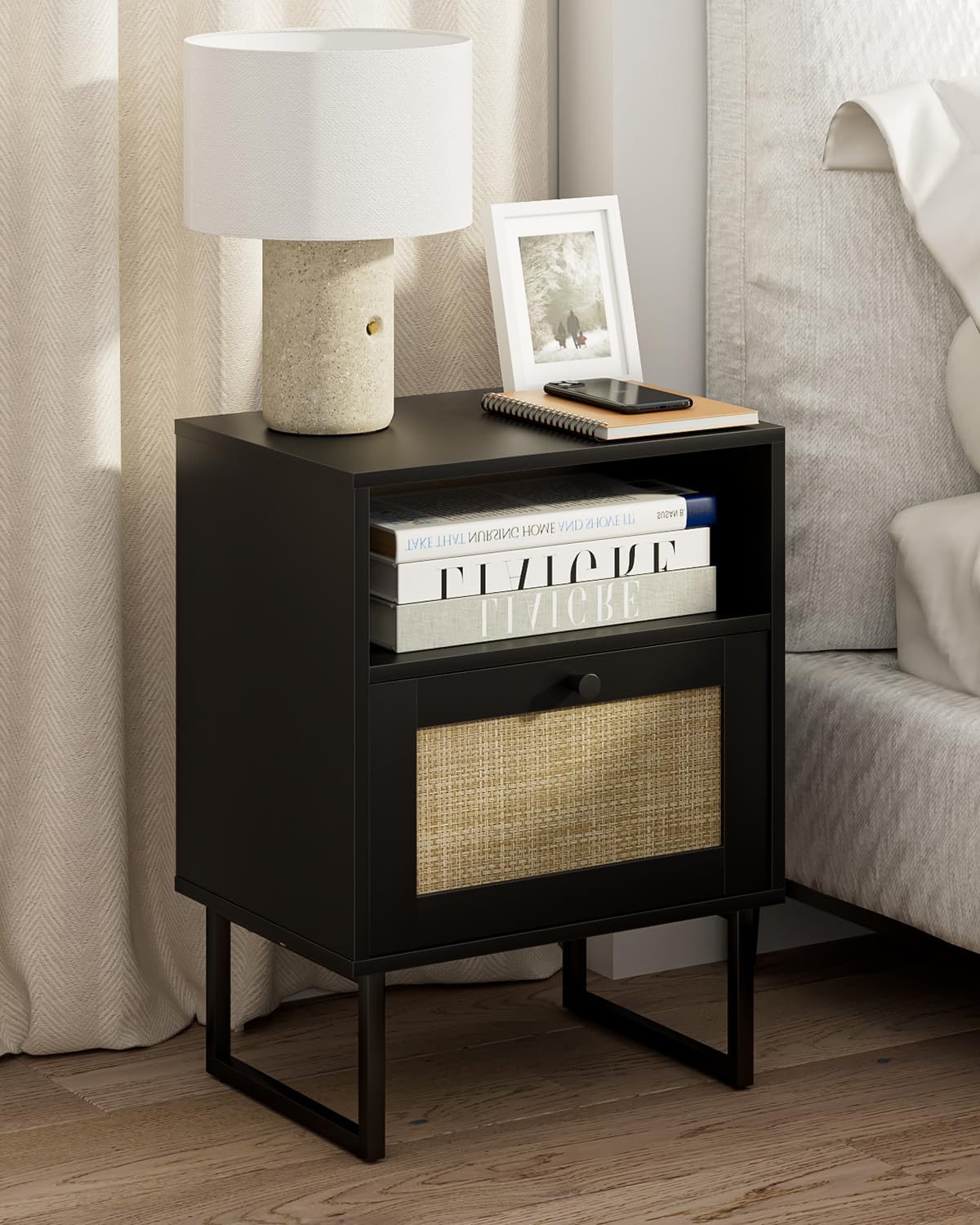 Masupu Rattan Nightstand,Modern Boho Farmhouse Wood Bedside Table with Storage Drawer and Open Shelf,Small Gold Frame Side End Table for Bedroom,Living Room,Office(White)