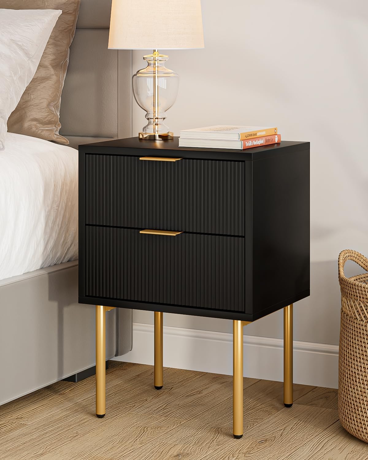 Masupu Nightstand,Mid-Century Modern Bedside Table with Storage Drawer and Open Wood Shelf,Small Gold Frame Side Table for Bedroom,Living Room,White