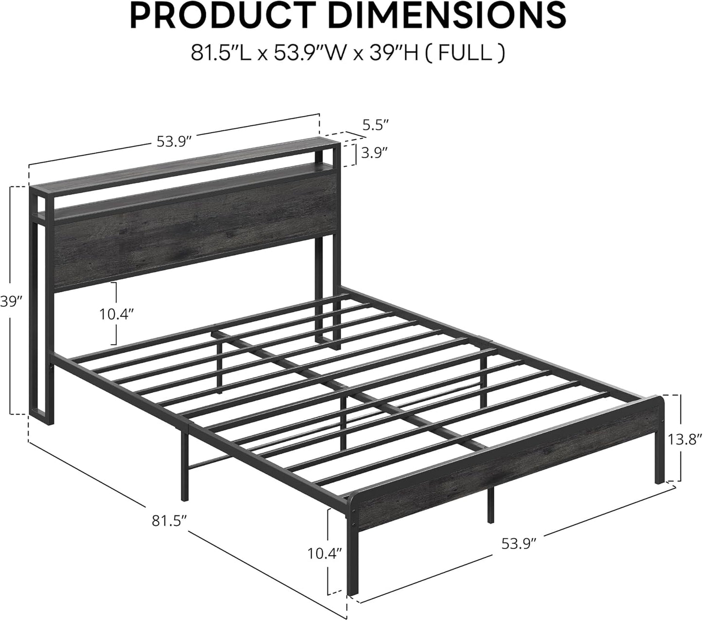 LIKIMIO Full Bed Frame with Headboard, Dark Wood Camas Full with Strong Supports, Sturdy, Noise-Free, No Box Spring Needed, Charcoal Grey